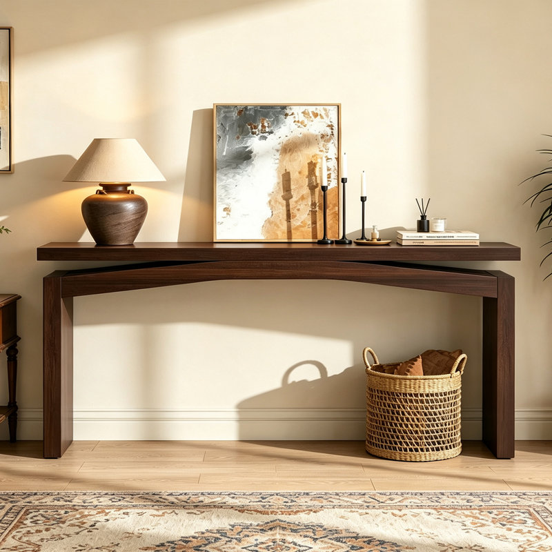 Console Mid-Century, H 31,5 po x l 78,7 po x P 11,8 po, Marron foncé, Marron foncé, Marron foncé