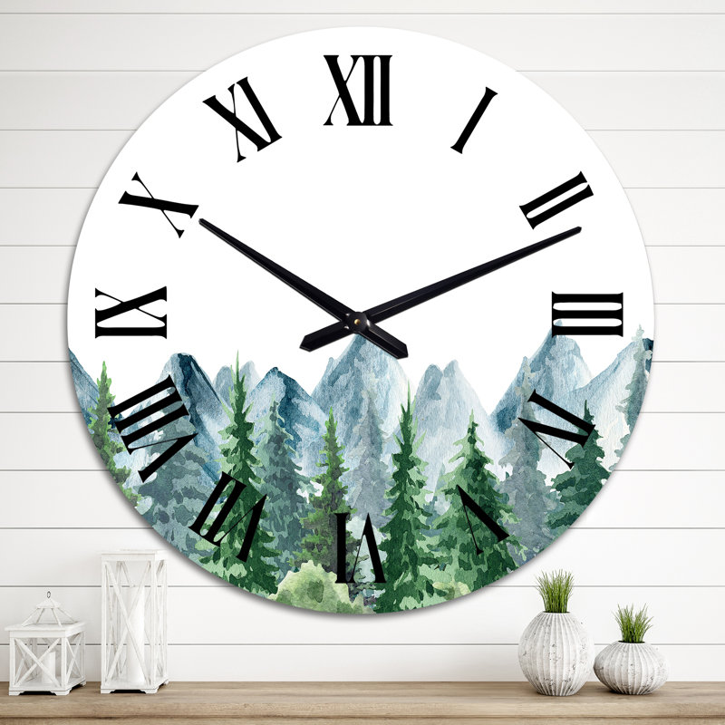 Horloge murale paysage de montagne avec sapins I, Grand