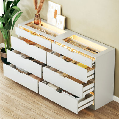 8-drawer White Dresser With Led Display Glass Top