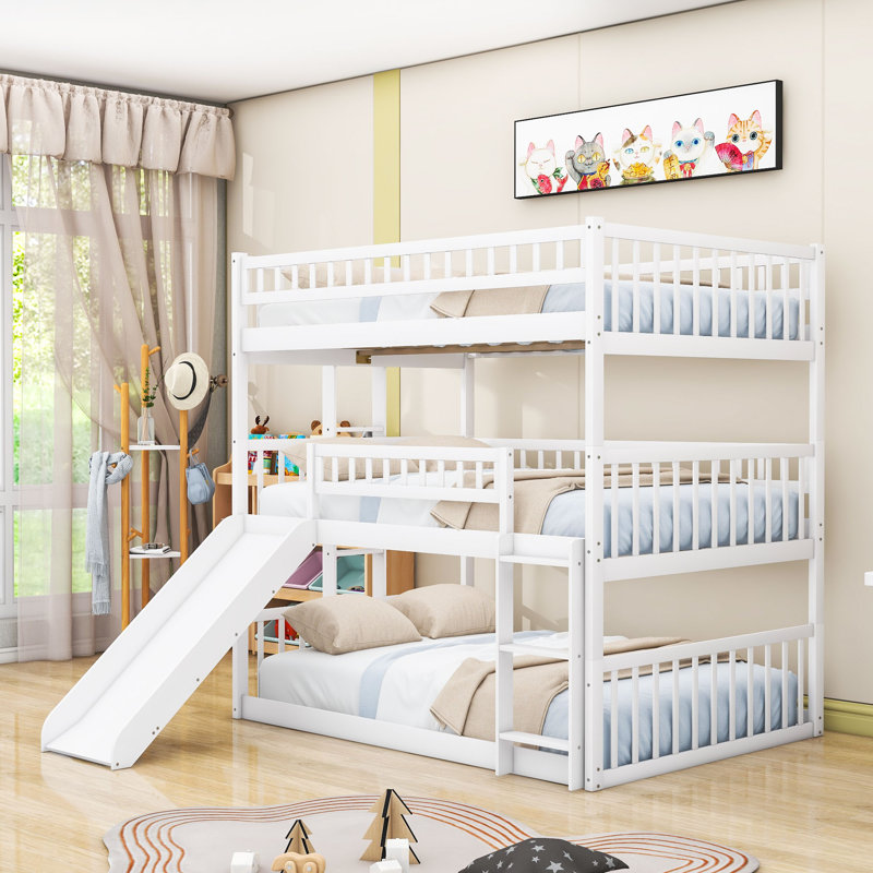 Heidelind Full Over Full Over Full Wooden Triple Bed with Ladder and Slide, White