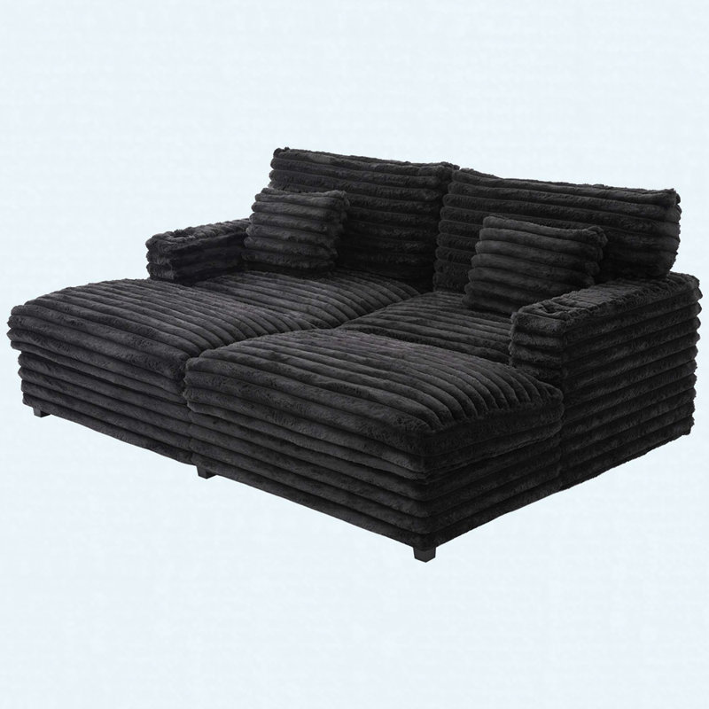 83.5" Oversized Double Chaise Sofa Bed With 2 Pillows, USB Ports & Cup Holders, Plush Cloud Couch, Black