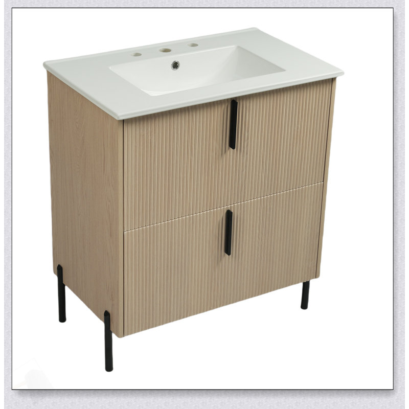 Meuble-lavabo de 30 pouces avec lavabo en céramique, tiroirs pleine extension et conception cannelée pour une élégance moderne