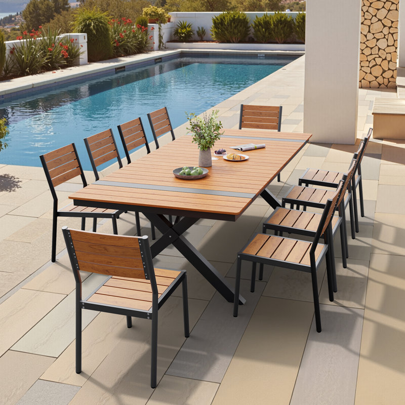 10 - Person Aluminum Rectangular Outdoor Dining Set with Umbrella Hole and Stackable Chairs, Brown