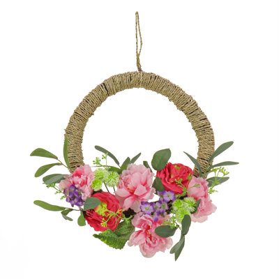 Couronne de cercles artificiels de 16 pouces avec pivoines, roses et globes, décoration florale réaliste pour la porte d'entrée ou la décoration intérieure