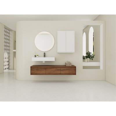Rangement mural pour salle de bain 60 po avec lavabo en résine, 3 tiroirs à fermeture en douceur, 2 armoires latérales, lavabo en ébène brun,