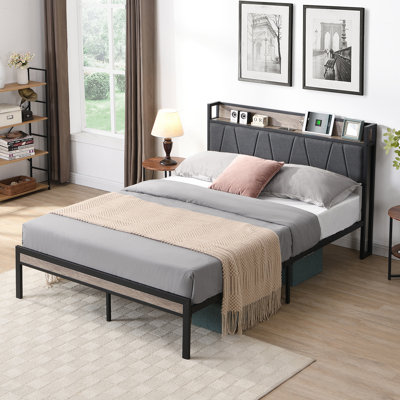 Structure de lit plateforme en métal avec tête de lit avec fonction de rangement rembourrée, doublure et pied de lit USB, pas de sommier tapissier, grand rangement sous le lit, assemblage facile