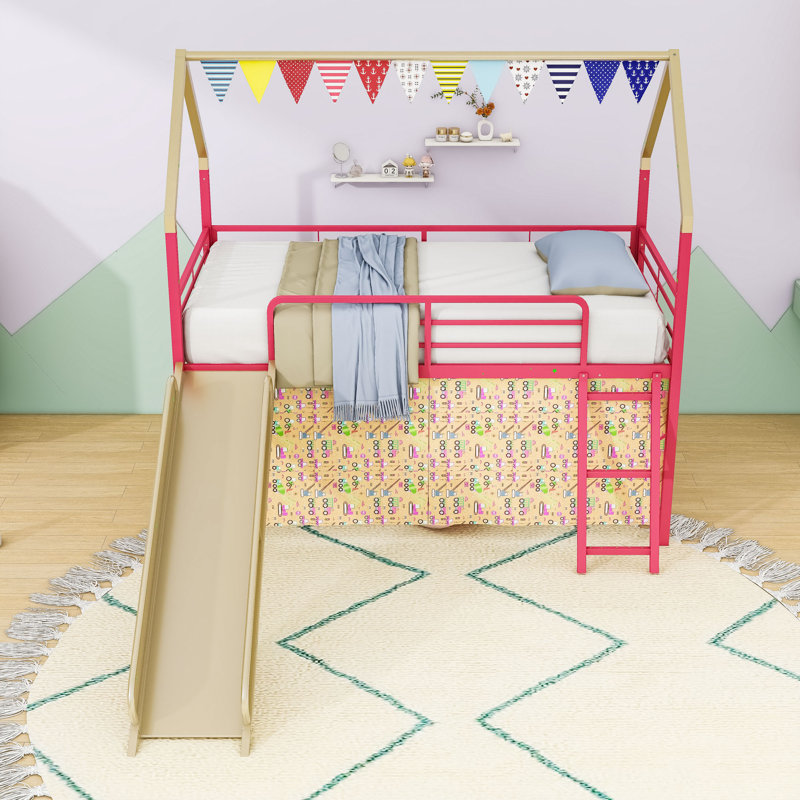 Lit mezzanine simple avec glissade et accessoires ludiques, Doré / rouge