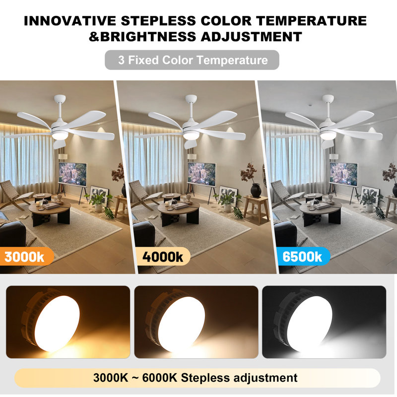  Ventilateur de plafond intelligent moderne de 52 po avec lumière, moteur à courant continu silencieux à 6 vitesses et télécommande à DEL 3 couleurs avec minuterie, blanc