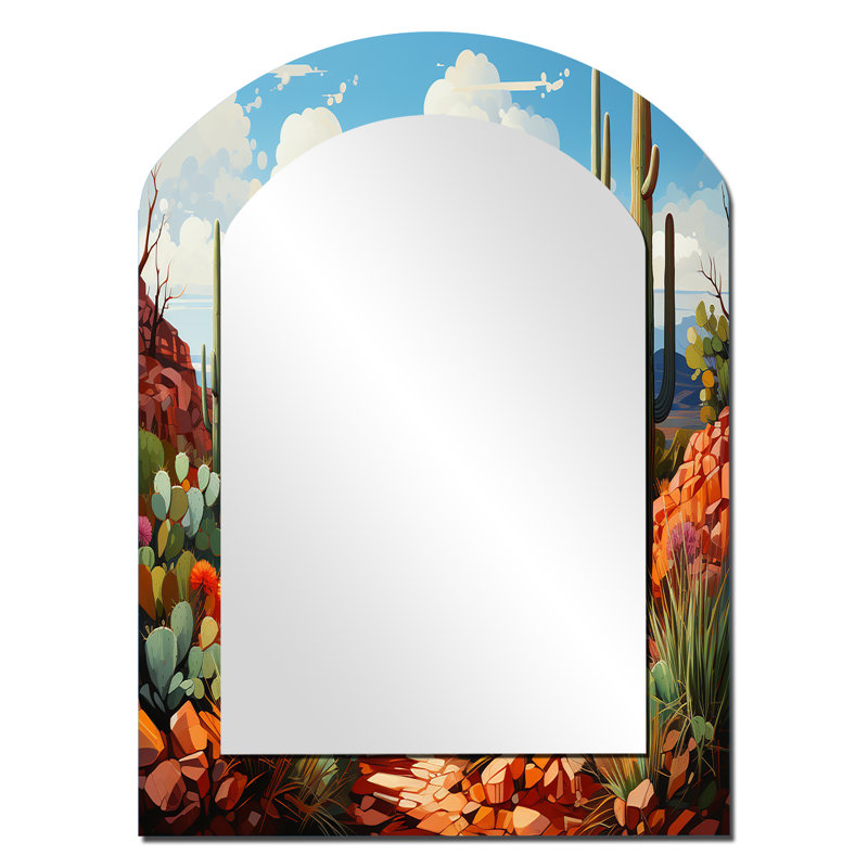 Corail vert cactus du désert orgue - miroir décoratif arqué floral sur métal, 34 po x 25 po