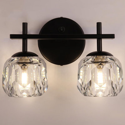 Applique murale moderne en cristal avec interrupteur - luminaire de salle de bain 2 lumières noir pour salle de bain, chambre à coucher, salon et escalier