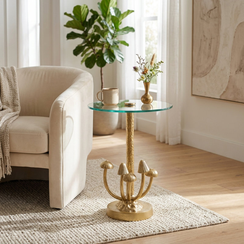Table d'appoint ronde en aluminium avec plateau en verre trempé Rejanae
