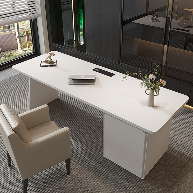 Bureau de bureau 62,99 po, laqué mat, minimaliste et crème avec rangement pour tiroir, disponible en blanc cassé et beige