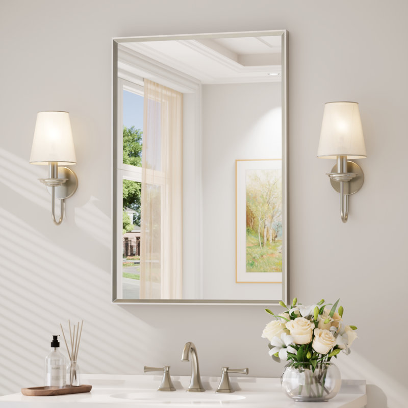 Bathroom Vanity Mirror with Aluminum Frame and Tempered Glass, Rectangle, 36" x 24", Brushed Nickel