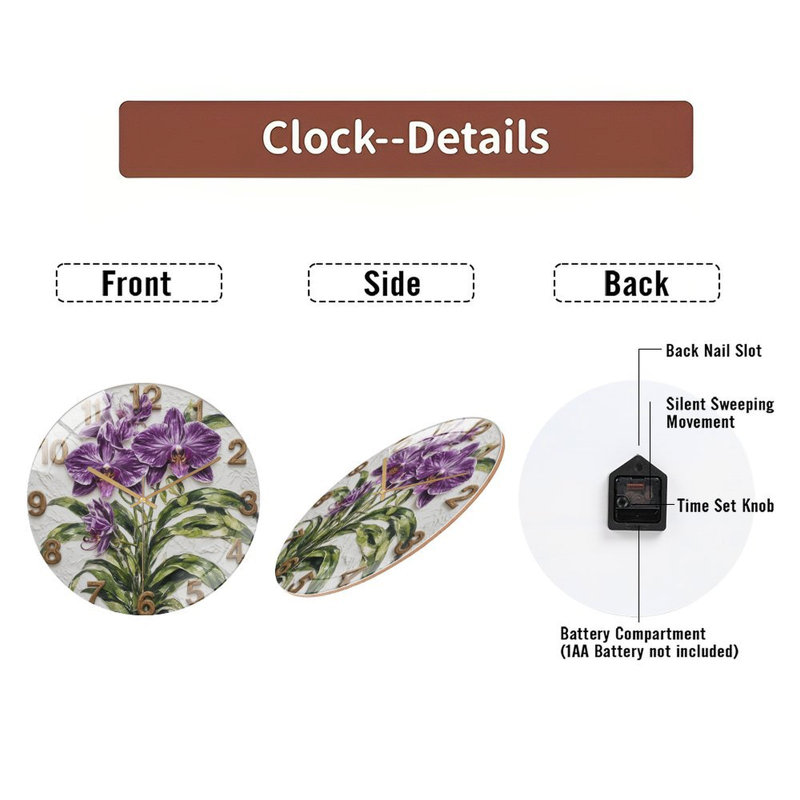 Horloge murale avec orchidées mauves - horloge murale moderne en verre 12 po