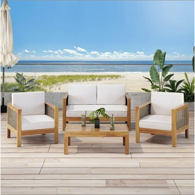 Outdoor Acacia Wood And Wicker Loveseat And Coffee Table Set With Cushions