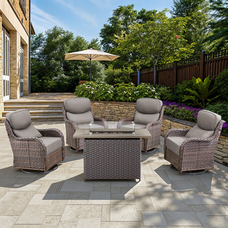 Outdoor Patio Multiple Swivel Rocking Chairs Seating Group With Wicker Fire Pit Table, Brown, Gray