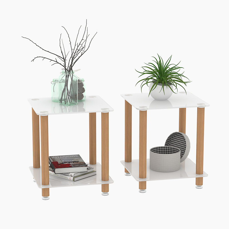 Ensemble de tables de bout à roulettes en verre avec rangement, Brun, Blanc