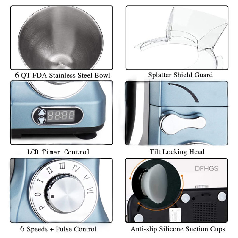 6 Quart Electric Stand Mixer, Silver Blue