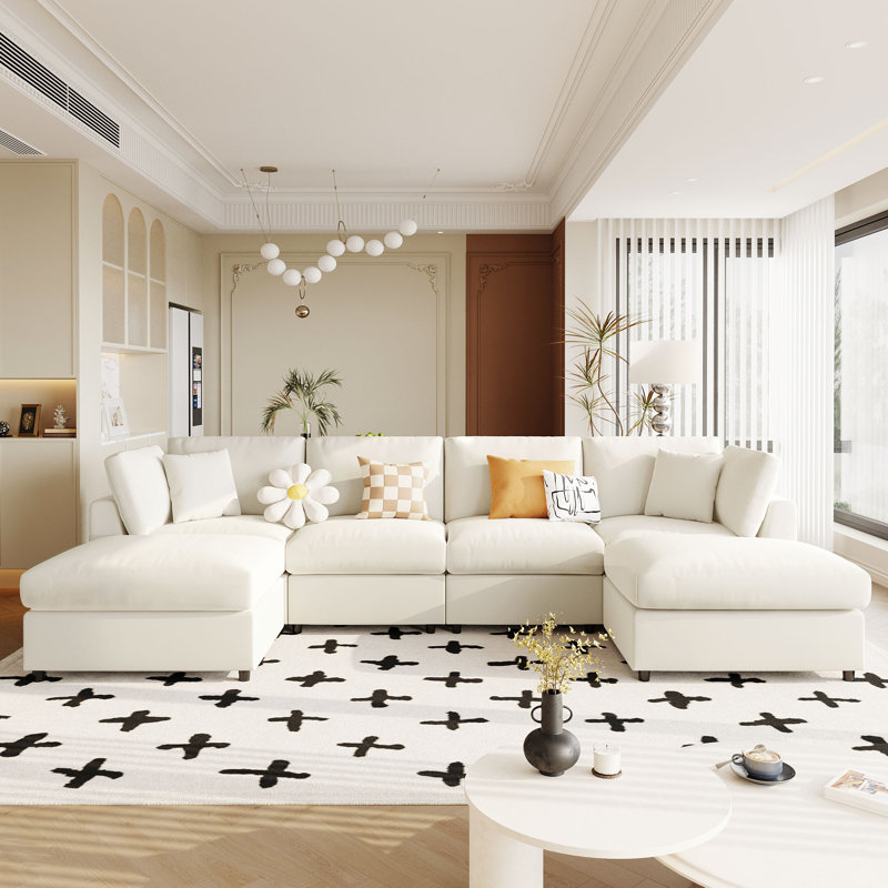 Canapé modulaire en U en chenille avec 2 repose-pieds mobiles, Chenille beige