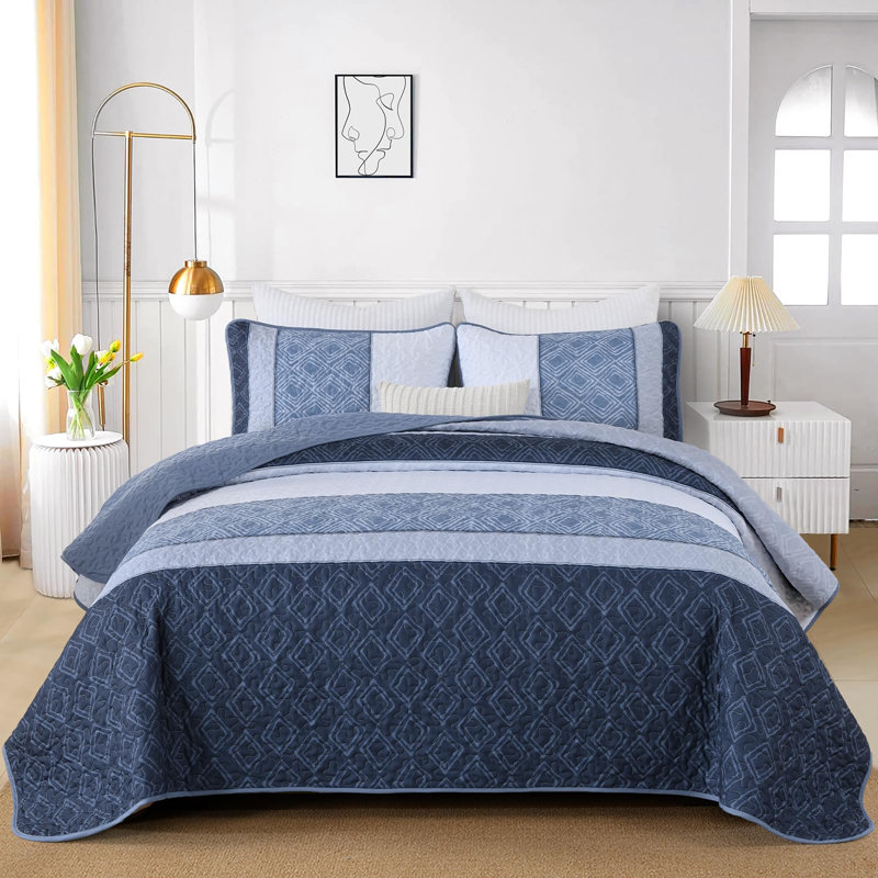 3-Piece Striped Plaid Boho Quilt Set Soft Microfiber Bedding Set, Queen Quilt + 2 Pillowcases, Mineral Blue