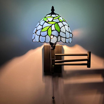 Tiffany Sconce Lamp Swing Arm Blue Stained Glass Saini Pull Chain Switch LED Bulb 13”W*8”D*15”H
