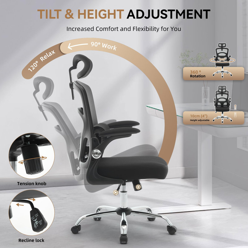 Fauteuil de bureau ergonomique en filet avec dossier haut et appui-tête réglable en hauteur lombaire avec accoudoirs pivotants et roues pivotantes Base en métal électroplaqué robuste avec dossier en filet transparent et respirant