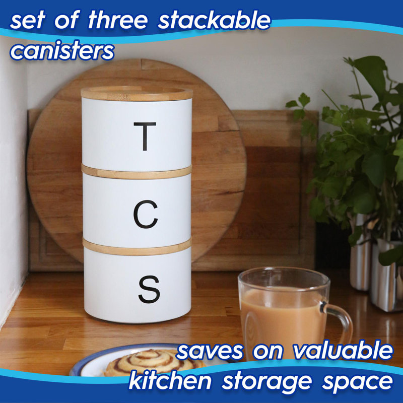 Harbour Housewares - 3 Piece Stacking Tea Coffee Sugar Canister Set, Monochrome