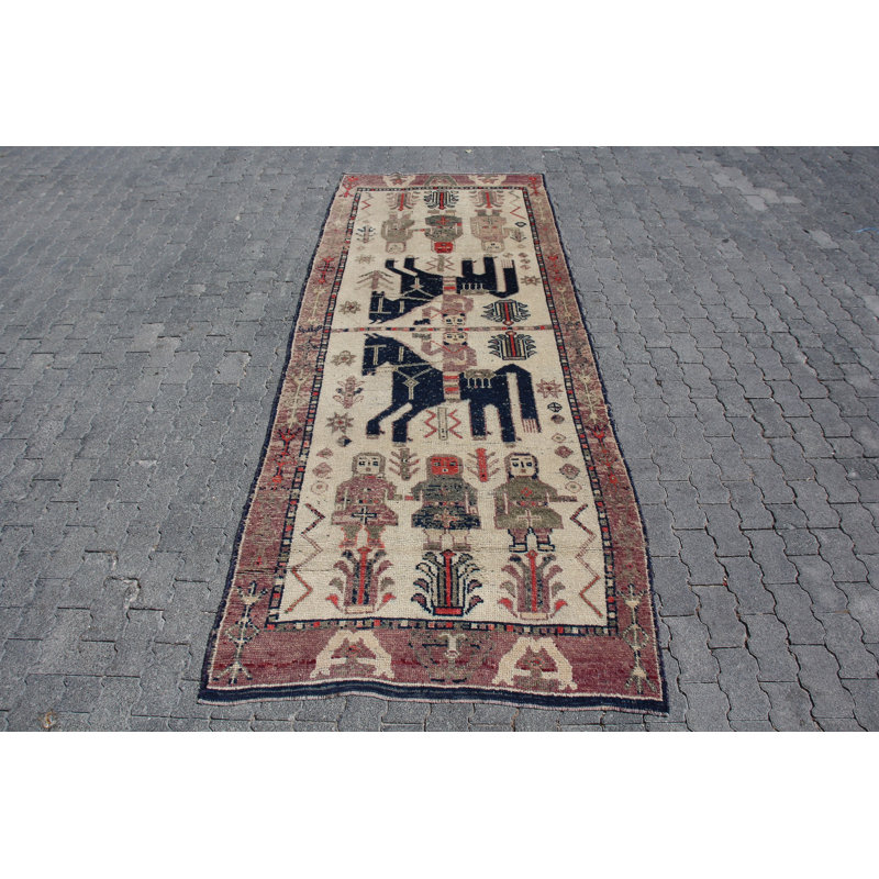 Tapis turc rétro exquis fait à la main avec un motif animalier unique
