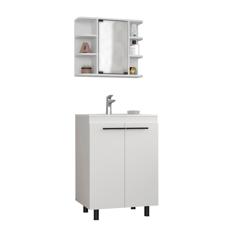 Élégante salle de bain 2 en blanc: meuble-lavabo et armoire à pharmacie avec miroir