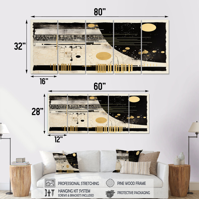 Or, noir, blanc, dimanche, Jazz I - Collages abstraits, art mural sur toile, 5 pièces, H 28 po x l 60 po