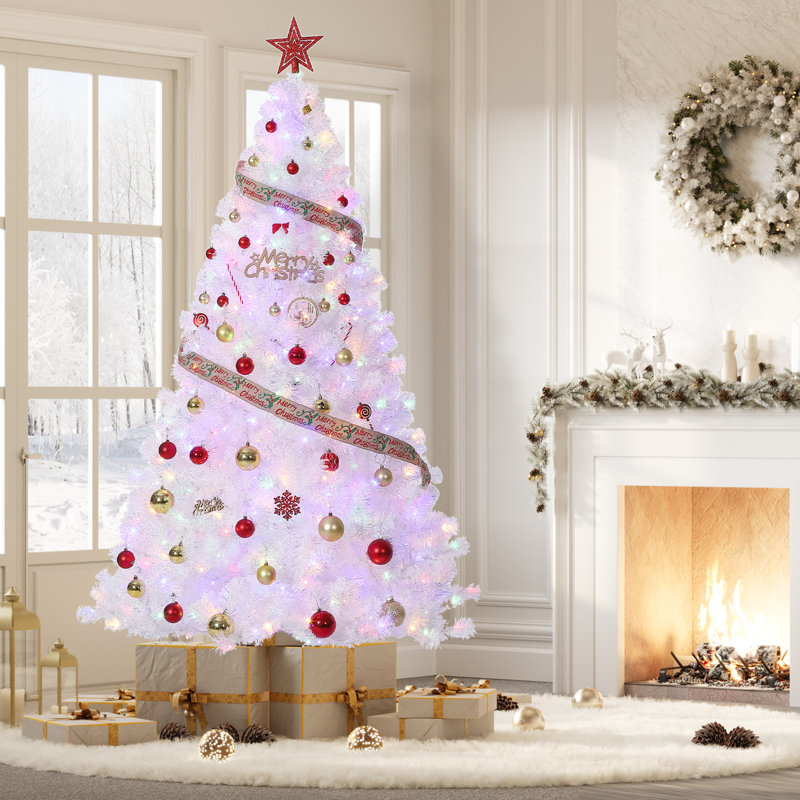 Arbre de Noël artificiel pré-éclairé 6 pi avec lumières colorées, arbre de Noël floqué en neige et pré-éclairé, pointes de branches complètes et support pliable pour la maison, le bureau