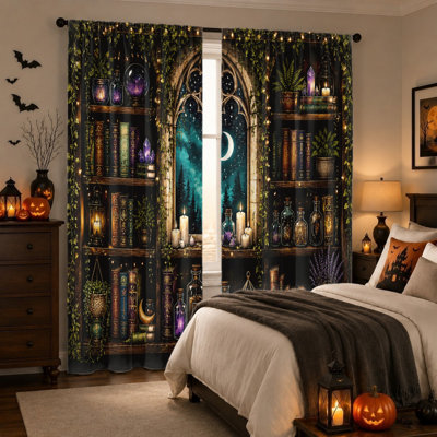 2Pcs Mysterious Gothic Bookshelf Window Curtains, Night Sky with Crescent Moon Print, Vintage Magical Ambiance, Room Darkening and Privacy Protection, Home Decor for Living, Bedroom, Teen