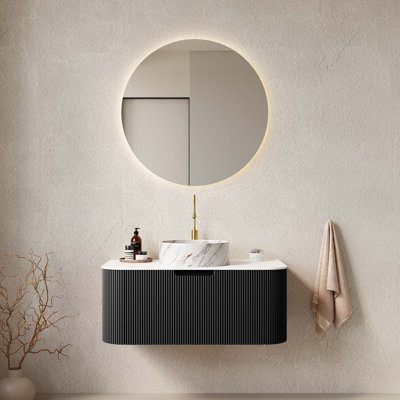 Meuble-lavabo de salle de bain 36 po avec lavabo, meuble de rangement mural à bordures courbées et flottantes avec tiroir, lavabo rond en céramique avec motif de pierre, pré-assemblé