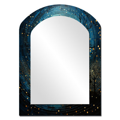 Blue Minimalism Moon III - Minimalism Arch Wall Mirror, Blue Asymmetrical Decorative Mirror, Printed Metal Art
