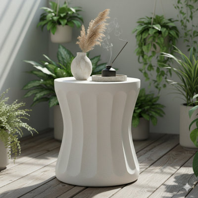 Outdoor Round Concrete Side Table In Antique White, An MGO End Table For Living Rooms.
