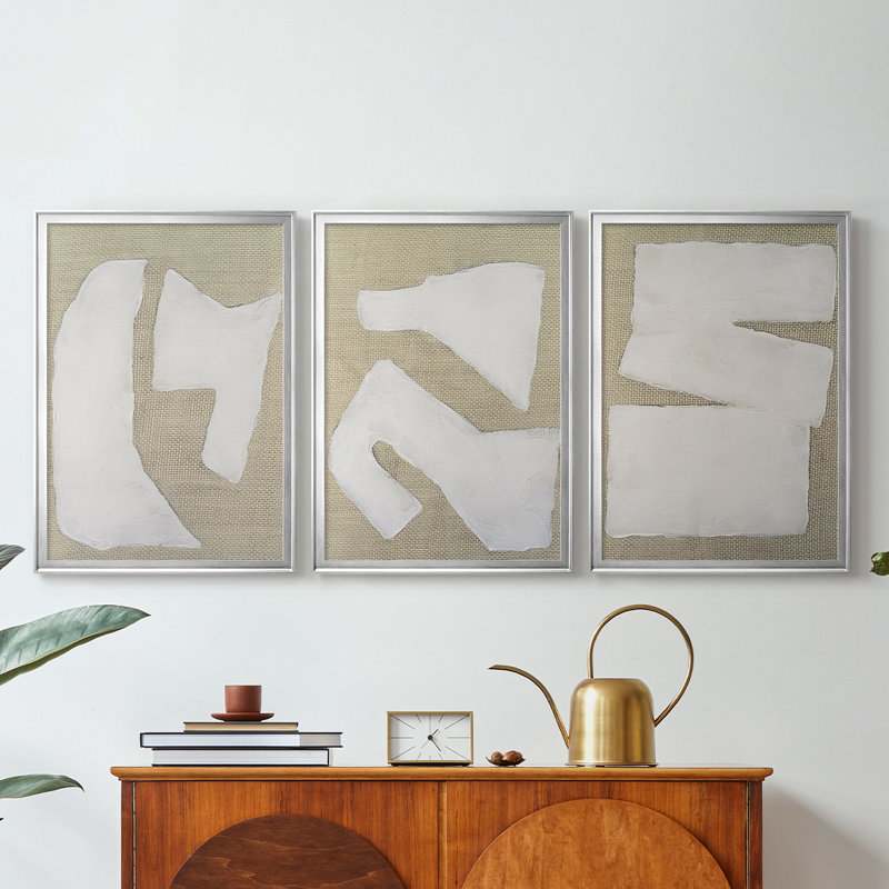 Lin Wabi Sabi I - Toile tendue avec châssis sur mesure - 3 pièces, Argent argent, H 21 po x l 30 po
