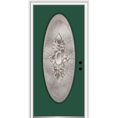 Exterior Single 36 In. X 80 In. Fiberglass Smooth Heirlooms Large Oval Paint Both Sides Same Burgundy Right-Hand Inswing On 4-9/16 In. Primed Composite Frame