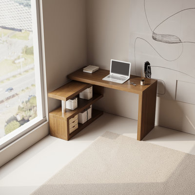 Modern 47"L Swivel Top Desk, 360 Degree Swivel Desk & Corner Desk, Storage Shelves, High Gloss Finish, Mirror Paint Finish, Home Office, Writing Desk,