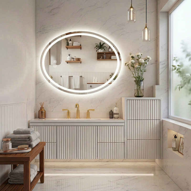 Lunara UL Certified Oval LED Wall Mirror with Bright Front Light&Backlit 192LEDs/m, 3-Colors Dimmable, Defogger, IP54 Waterproof