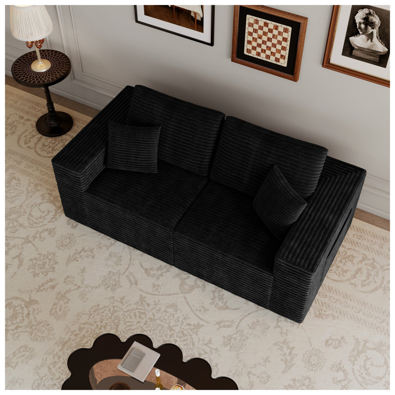 2-Seat Modular Sectional Sofa Base, Upholstered Compression Foam Floor Couch in Black, No Assembly Required, Black Corduroy