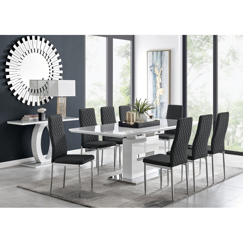 Eubanks Extendable Dining Set with 8 Chairs, Silver, Black
