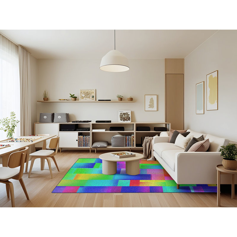Tapis jaune/vert/rouge tissé à la machine, Rectangle 7 pi x 9 pi
