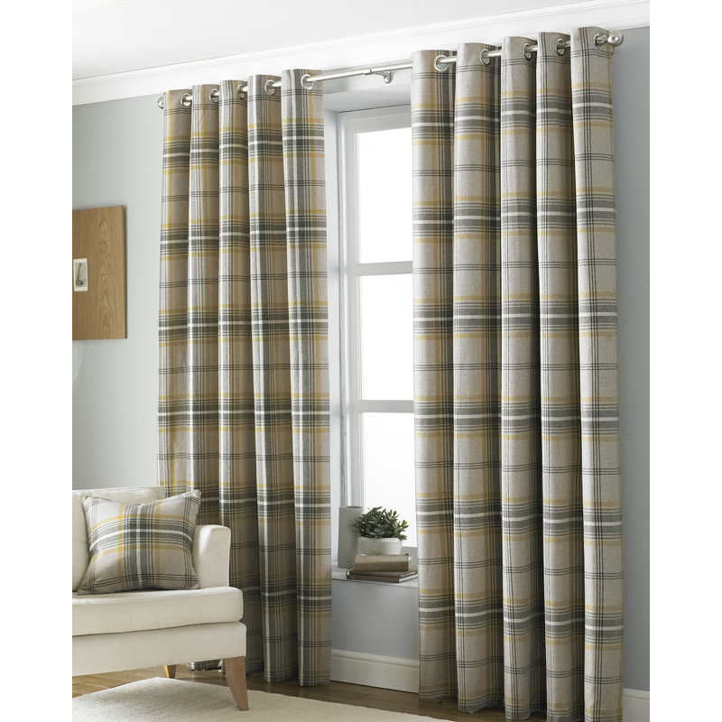 Bernita Tartan Faux Wool Eyelet Curtains, 117 W x 137 D cm, Ochre Yellow