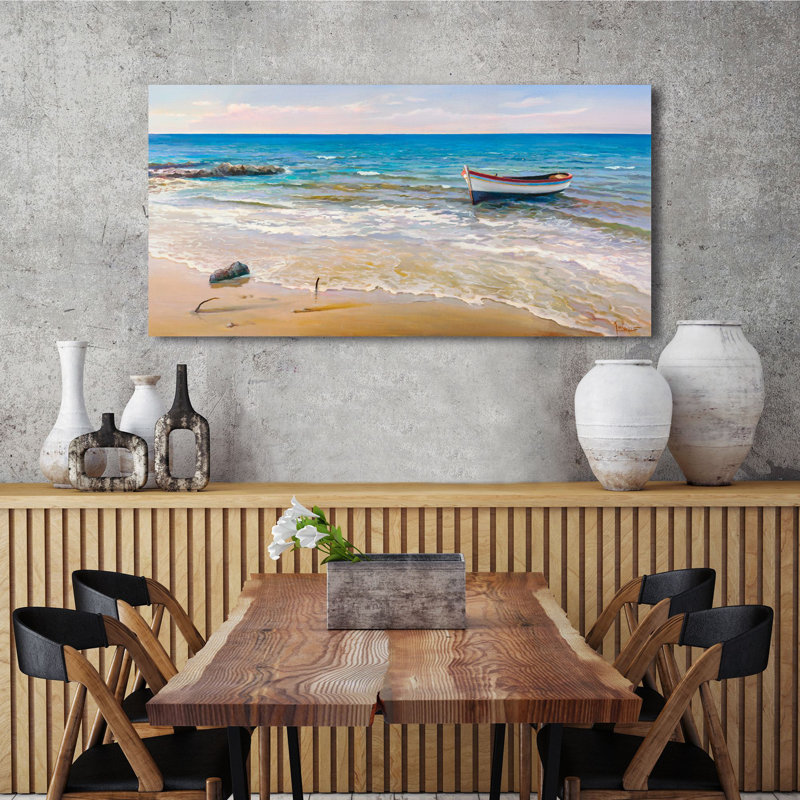 Seascape With Lone Boat On The Shoreline by Adriano Galasso - Wrapped Canvas Print, 60cm H x 120cm W x 4cm D