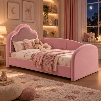Lit de sol pour enfant AVELOR avec tête de lit courbée, barrières latérales de sécurité et poche de rangement, lit plateforme bas, sans sommier nécessaire