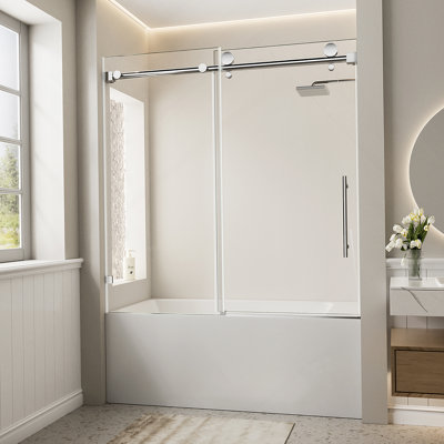 Porte de douche coulissante simple sans cadre, porte de baignoire avec poignée en acier inoxydable