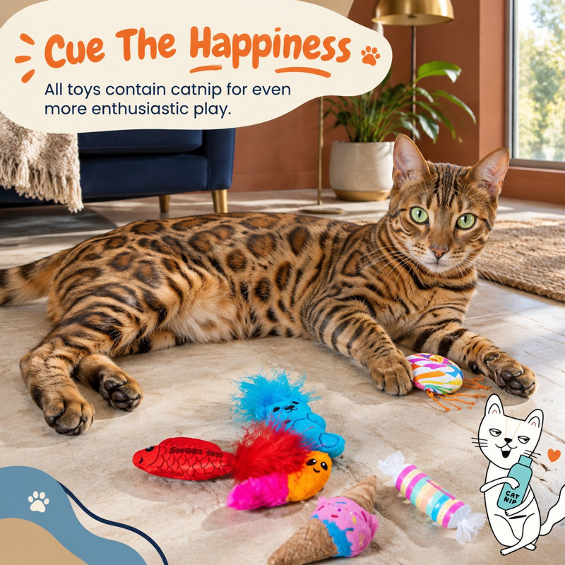 Ensemble de 6 jouets en peluche multicolores à l'herbe à chat, en forme de gâterie, avec matière crissante et plumes