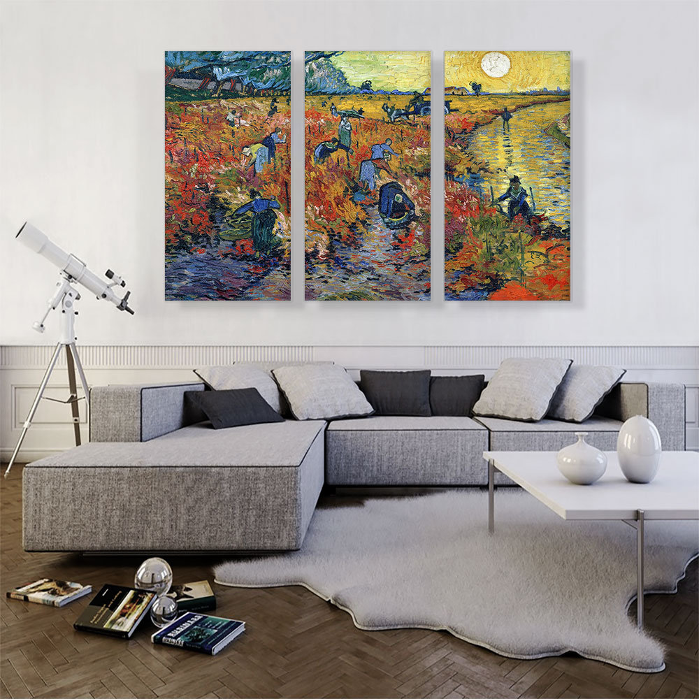 " The Red Vineyard At Arles 1888 " by Vincent Van Gogh 3 - Pieces Painting Print ARTCANVAS 
