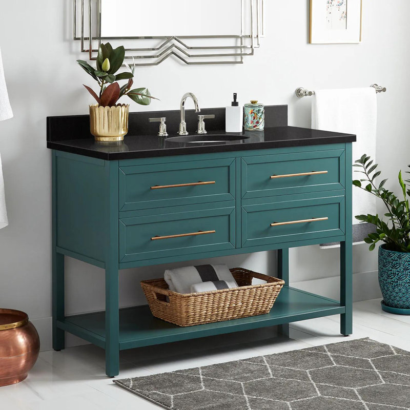 48" Robertson Single Bathroom Vanity Set with Oval Undermount Sink, Black, 8" Widespread, Feathered White Quartz