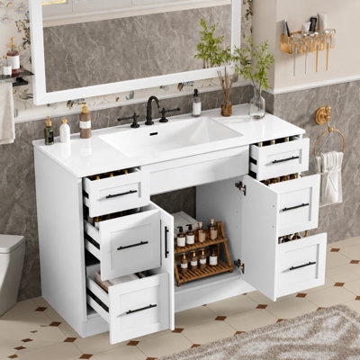 Meuble-lavabo autoportant de 47,83 po avec lavabo SMC intégré, trous de robinet espacés de 8 po, 6 tiroirs à fermeture en douceur, 2 portes à fermeture en douceur et poignées noires